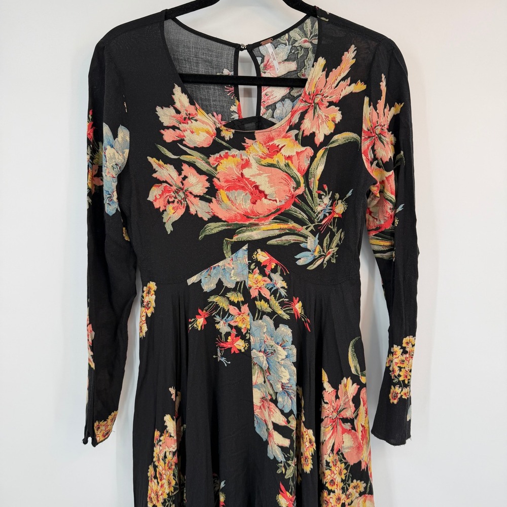 Free People Black Floral Long Sleeve Maxi Dress Lg Boho Cottagecore Whimsigoth